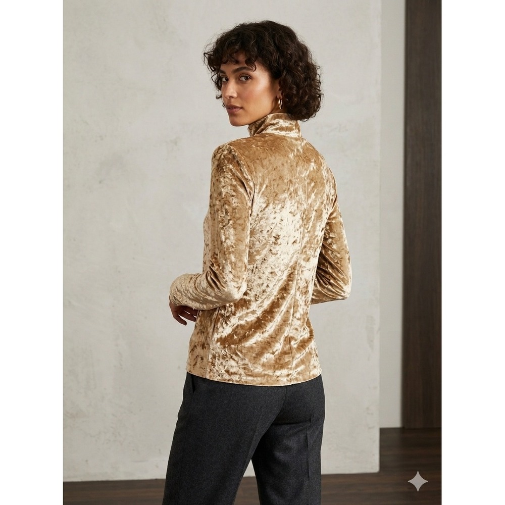Forte_Forte Italy Gold Crushed Velvet Turtleneck Long Sleeve Top Size III Large